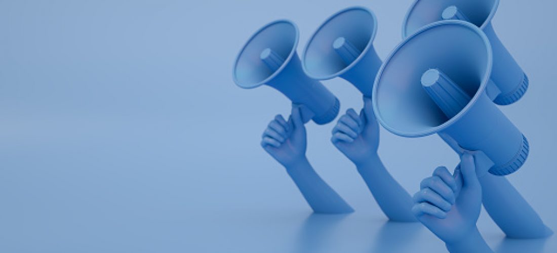 3d rendering of man is holding megaphone in his hand. Advertisement, announcement message.
